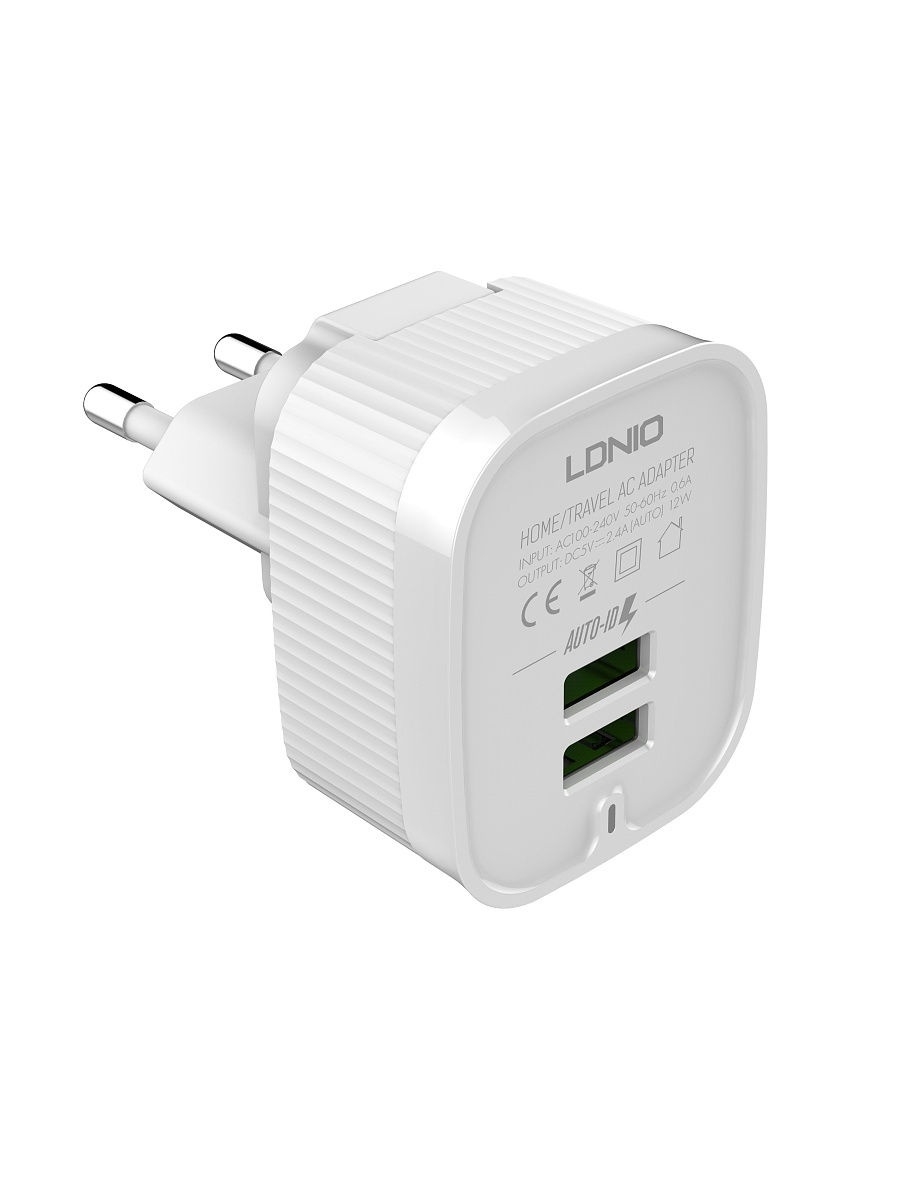 Сетевое ЗУ+Кабель Lightning/2 USB Auto-ID/Выход:12W/White LDNIO A201 арт. LD_B4400  