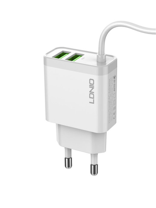 Сетевое ЗУ+Кабель Lightning/ 2 USB Auto-ID/Выход:3,1A, max 15,5W/White LDNIO A321 арт. LD_В4397    