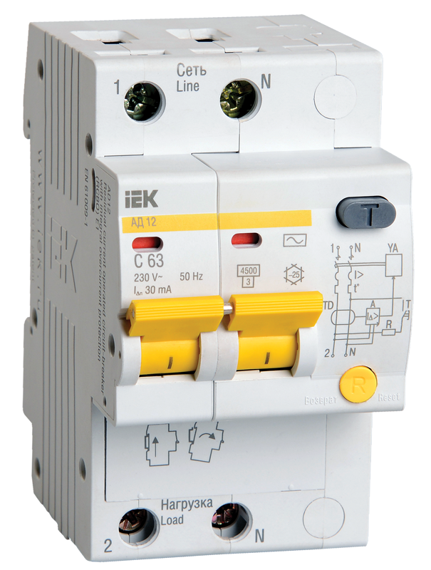 Дифференциальный автоматический выключатель АД12 2П 40А 30мА   IEK (ИЭК)  арт. MAD10-2-040-C-030