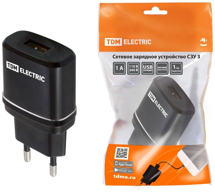 Сетевое зарядное устройство, СЗУ 3, 2,1 А, 1 USB, черный, TDM ELECTRIC арт. SQ1810-0011   