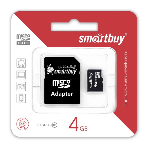 Карта памяти microSDHC 4GB Class 10 с адаптером Smartbuy арт. SB4GBSDCL10-01     